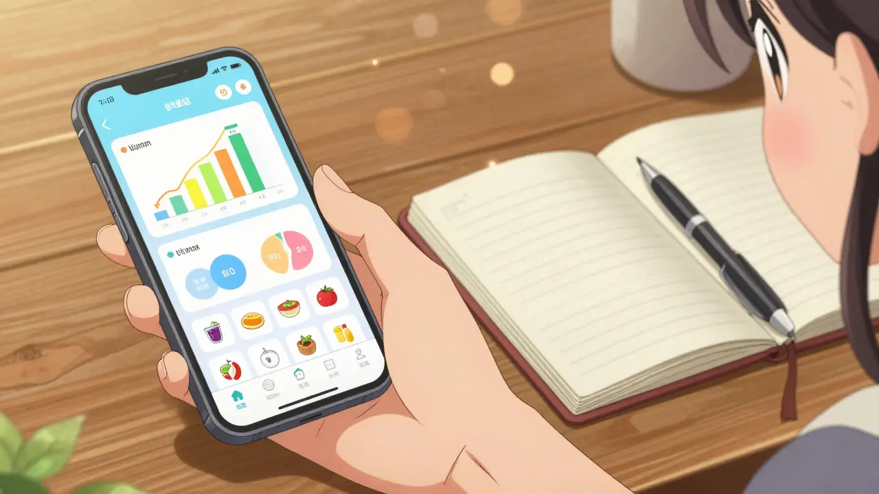 Vergleich zwischen digitalem Tracking per App und einem klassischen Papier-Tagebuch im Anime-Stil.