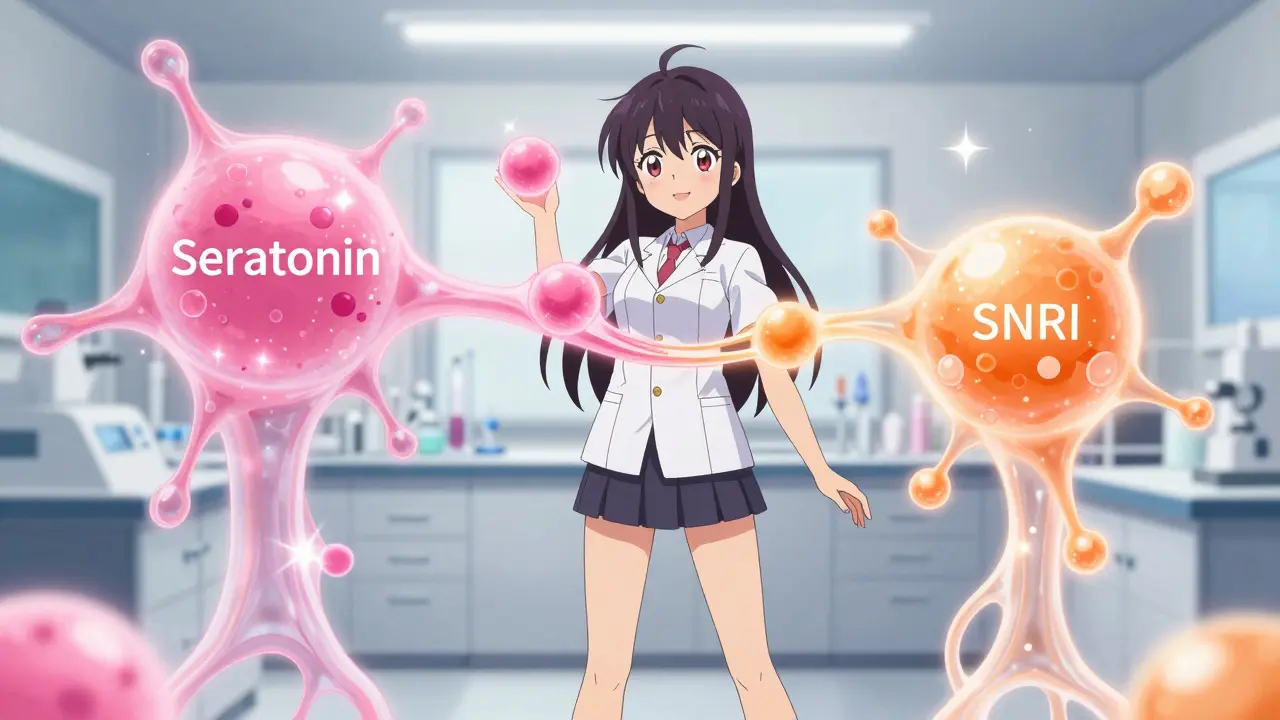 Anime-Charakter mit glühenden Serotonin- und Noradrenalin-Partikeln