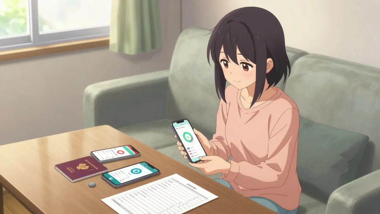 Anime-Mädchen bereitet sich mit Apps und Dokumenten entspannt auf die Reise vor
