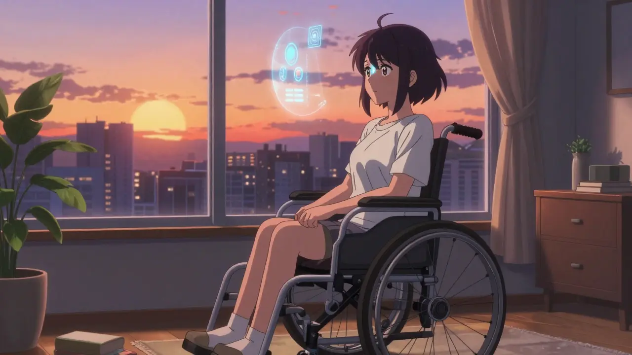 Anime-Stil: Frau im Rollstuhl nutzt Smart-Home-Technologie für unabhängiges Leben