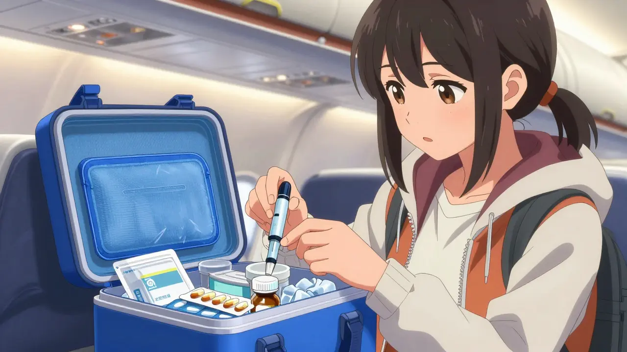 Anime-Stil: Frau packt Medikamente in einen Kühlbehälter im Flugzeug