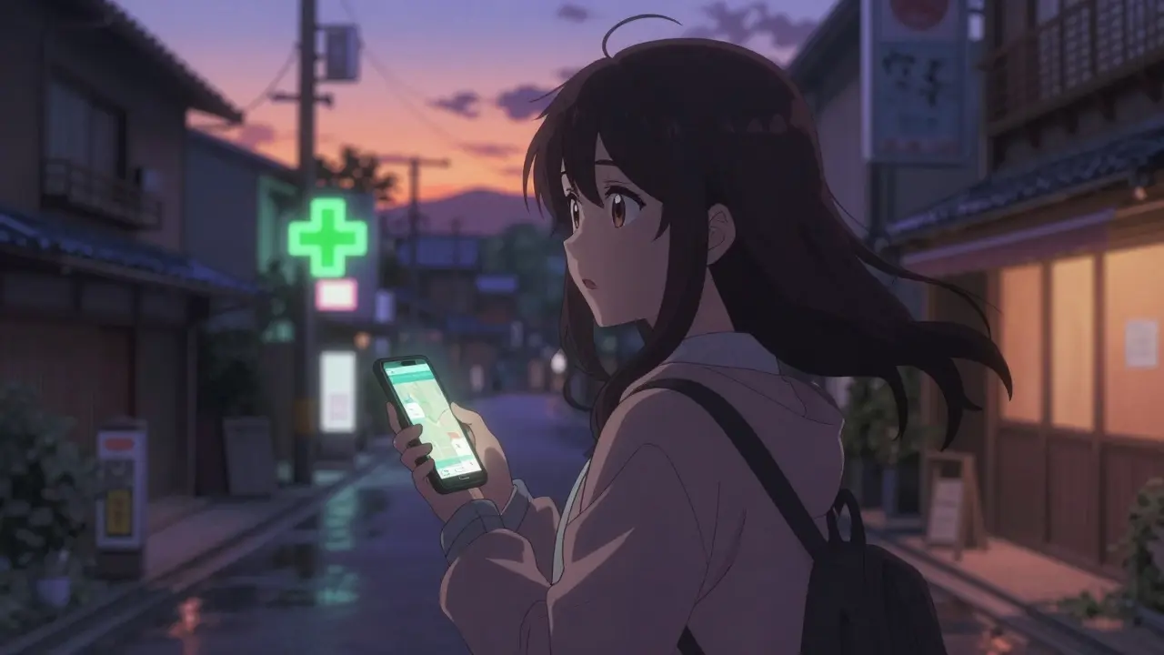 Anime-Stil: Frau sucht abends eine Apotheke in einer fremden Stadt