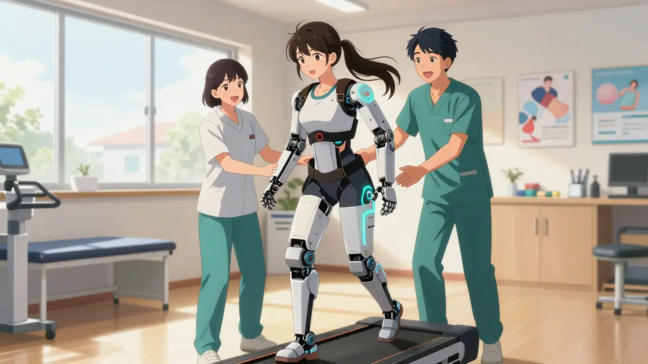 Anime-Stil: Patientin trainiert mit Roboter-Exoskelett in der Rehabilitation