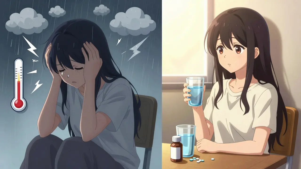 Anime-Szene zeigt Nebenwirkungen vs. Erleichterung bei SNRI-Einnahme