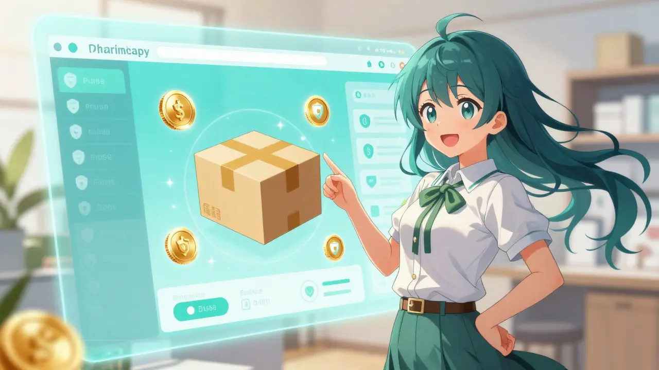 Bishoujo-Figur zeigt zufrieden eine sichere Online-Bestellung