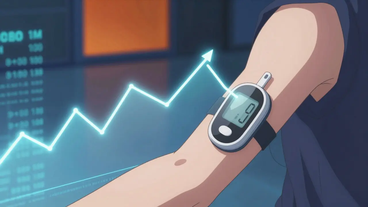 CGM-Sensor zeigt einen steigenden Blutzuckertrend im Anime-Stil.