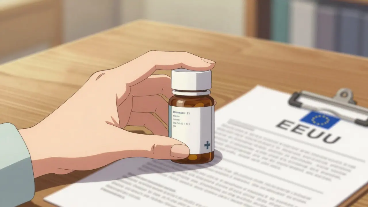 Hand hält Pillendose neben Dokument mit EU-Apotheken-Logo