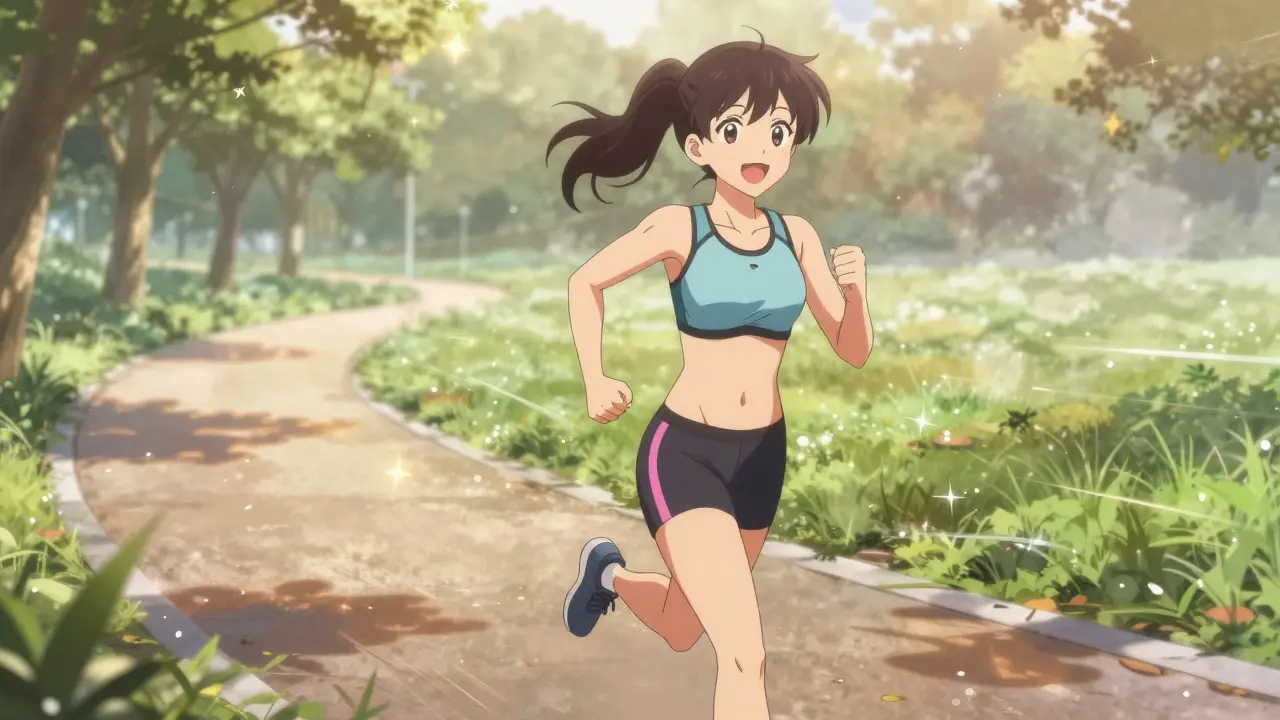 Anime-Mädchen joggt energiegeladen im Park bei Sonnenaufgang