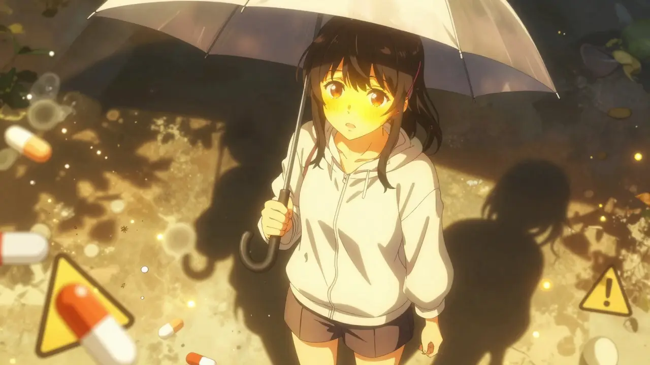 Anime-Mädchen mit Lichtempfindlichkeit unter starker Sonne