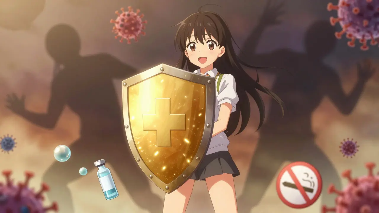 Anime-Mädchen mit Schutzschild gegen Pneumonie-Erreger