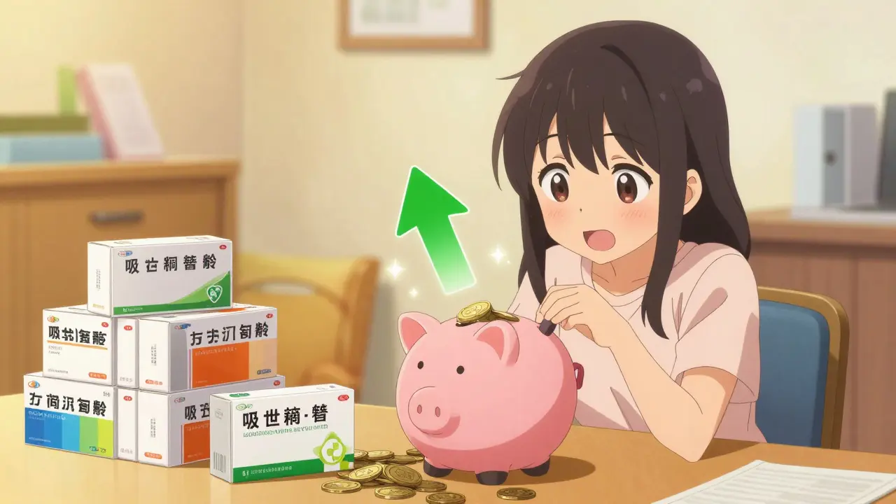 Anime-Mädchen spart Geld durch Generika, dargestellt mit Sparschwein