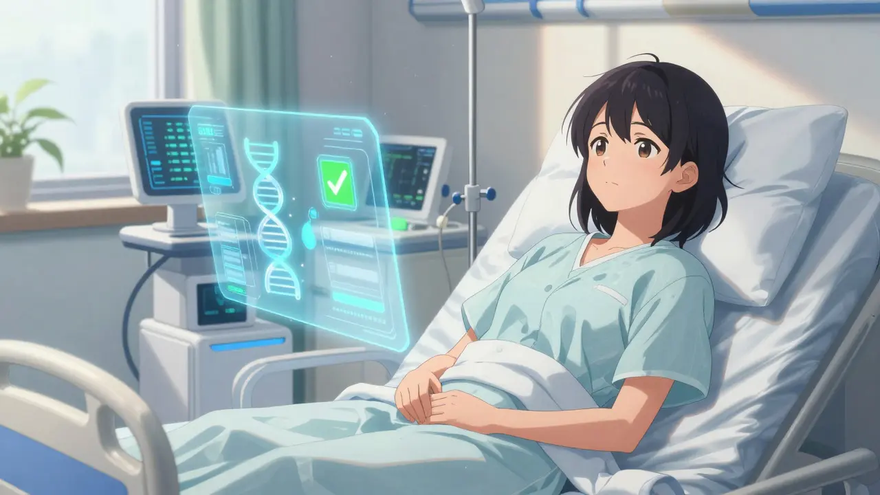 Patientin bei Chemotherapie mit KI-Diagnose-Hologramm