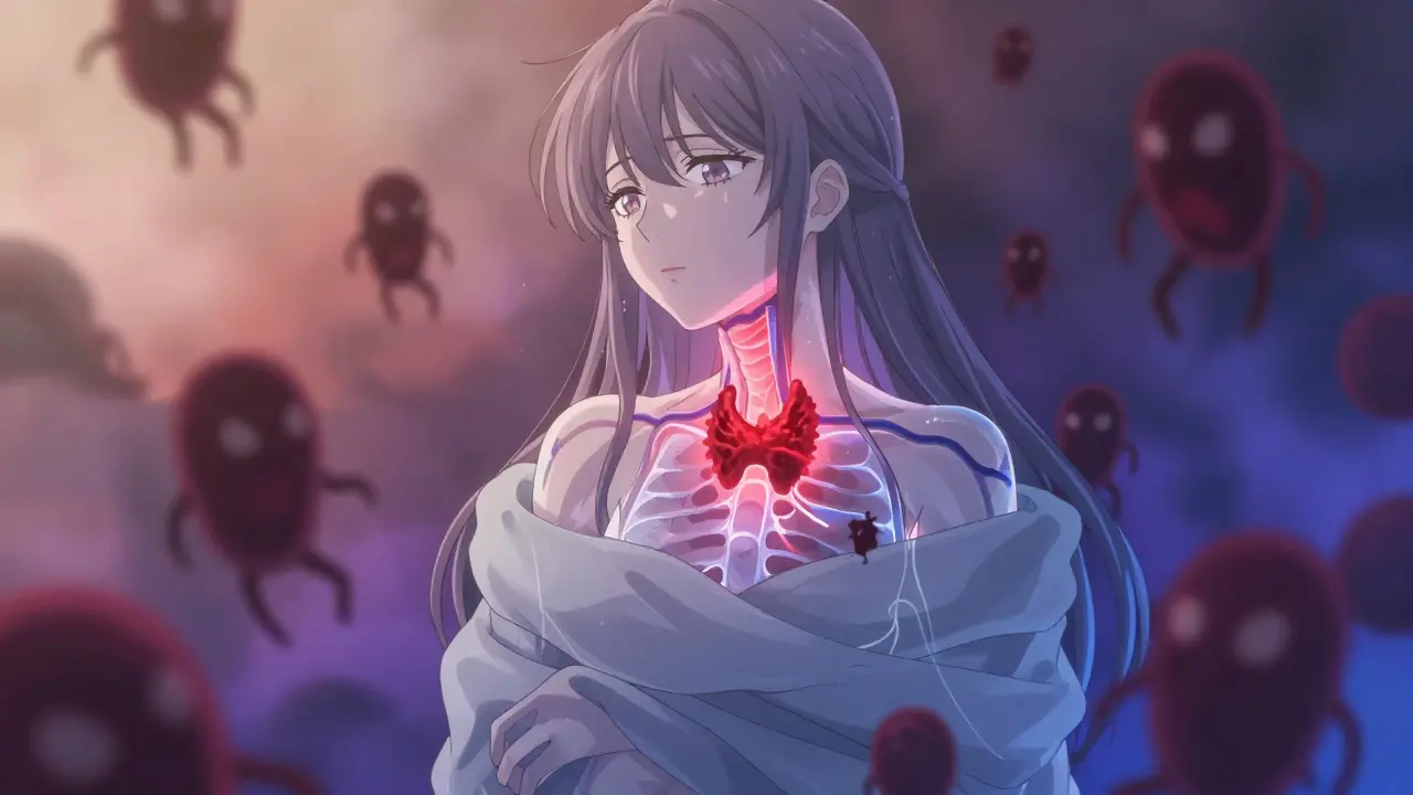 Abstrakte Darstellung der Autoimmunreaktion auf die Schilddrüse im Anime-Stil