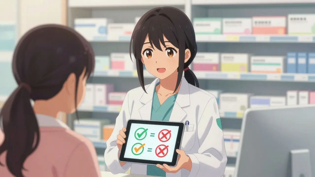Anime-Apothekerin erklärt sichere Medikamentenkombinationen einer Patientin