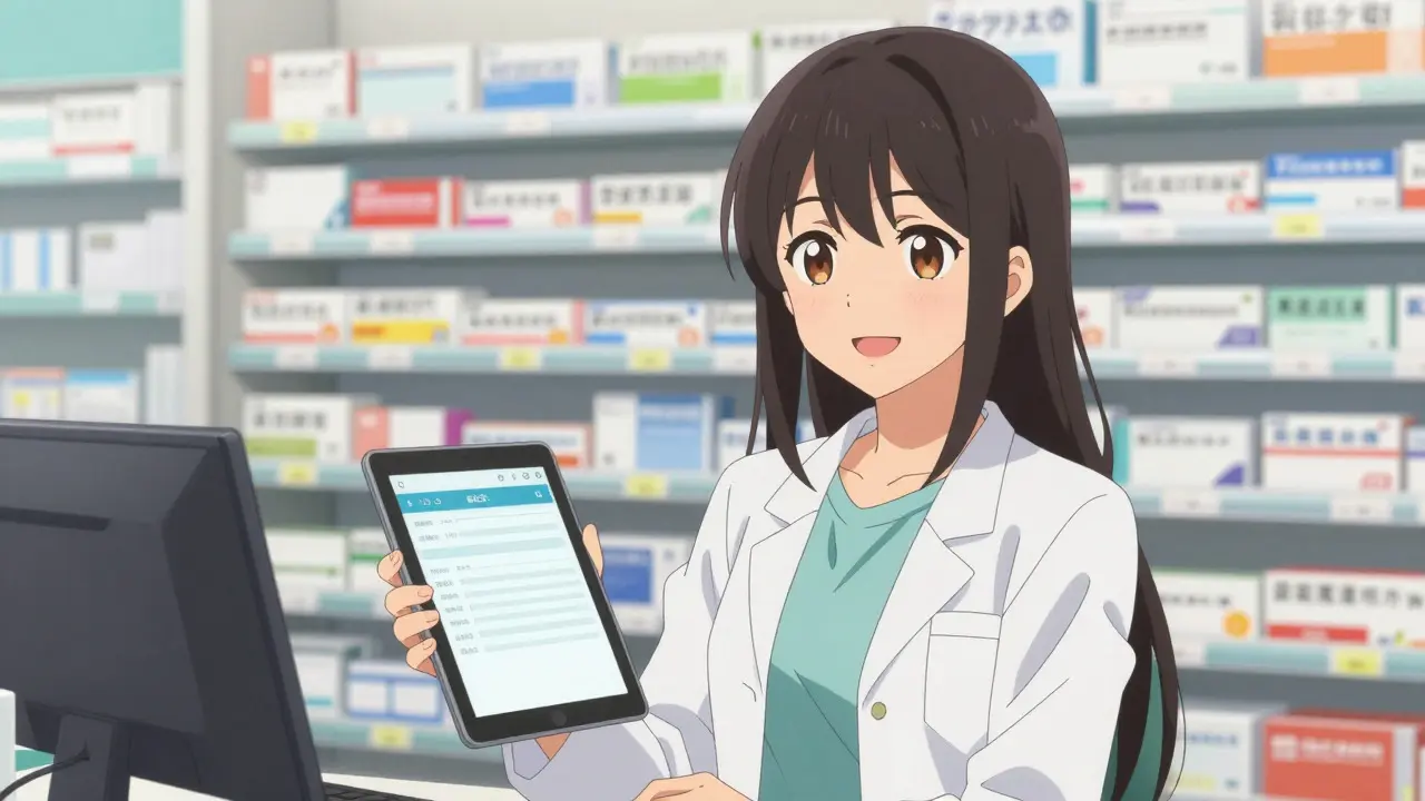 Anime-Apothekerin mit Tablet und digitalen Rezept in heller Apotheke