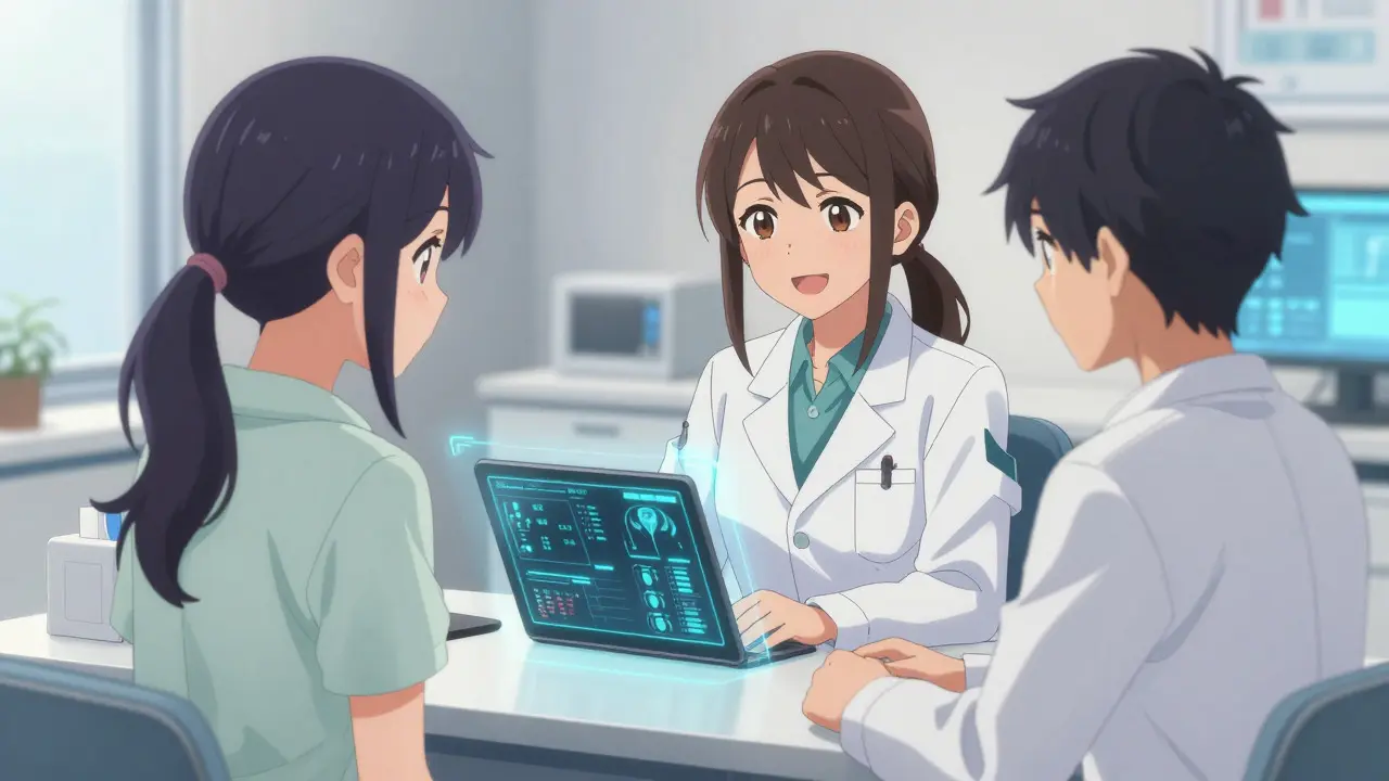 Anime-Arztin berät Patientin freundlich per Telemedizin mit Tablet