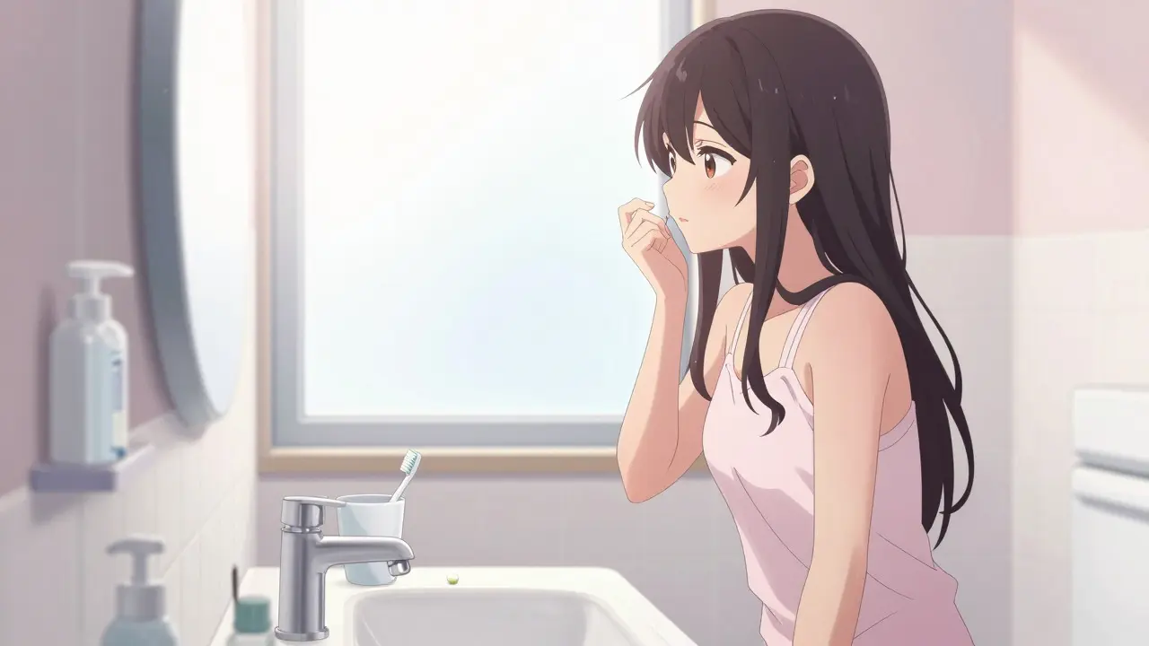 Anime-Frau im Badezimmer mit Tablette auf dem Waschbecken