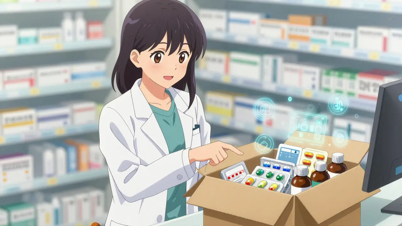 Apothekerin zeigt auf Medikamente und digitale Symbole im Manga-Stil