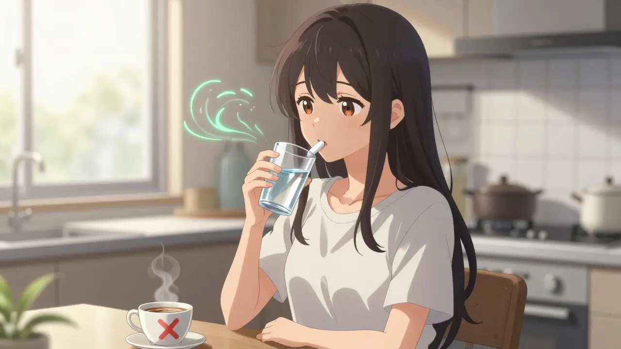 Mädchen schluckt Tablette, Kaffee wird als Warnung markiert