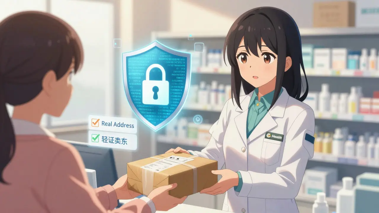 Seriöse Apothekerin übergibt sicher verpackte Medikamente in Anime-Kunst