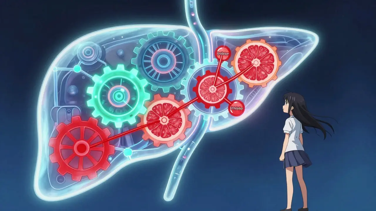 Stilisierte Darstellung des Enzyms CYP3A4 als blockierte Zahnräder im Anime-Stil