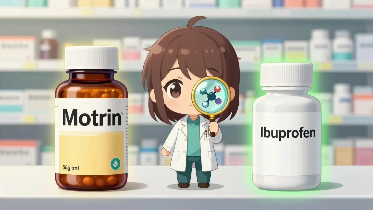 Vergleich von Marken- und Generika-Ibuprofen mit identischer Wirkung im Anime-Stil