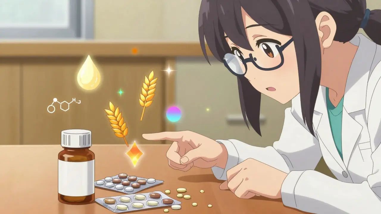 Anime-Apothekerin zeigt Hilfsstoffe wie Laktose und Gluten auf Pillen
