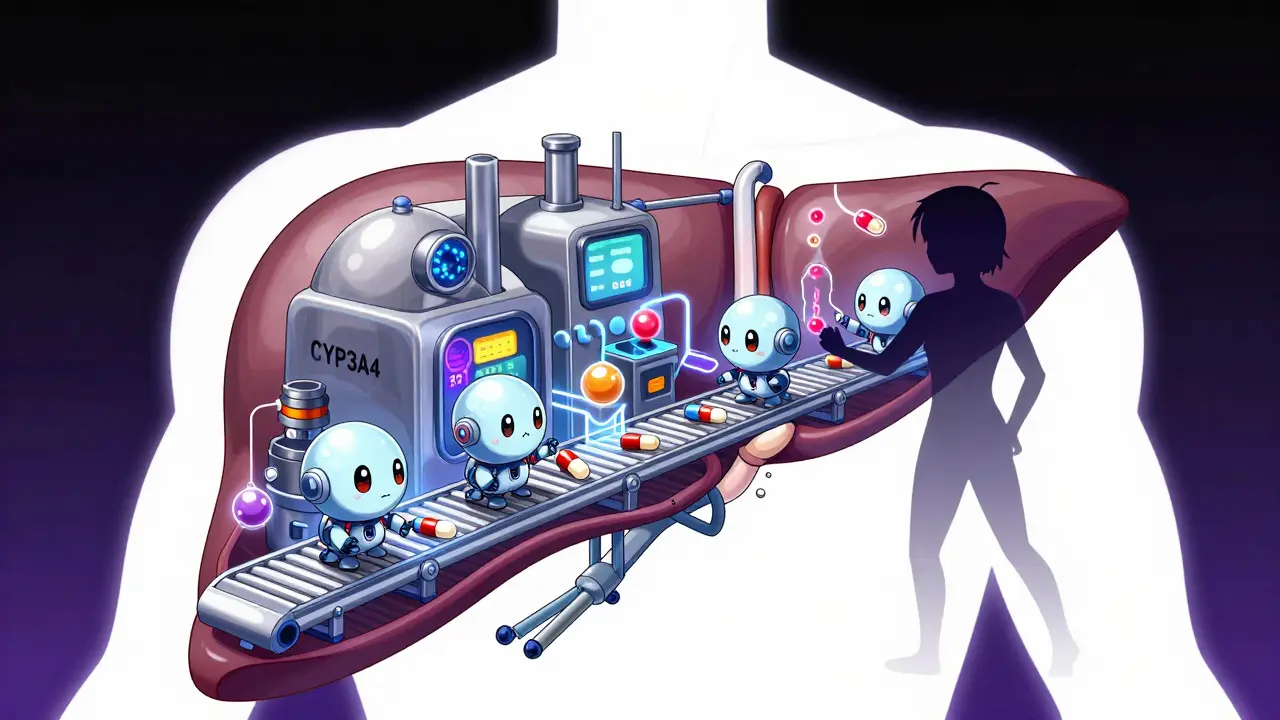 Anime-Darstellung der Leberenzyme als Roboter bei der Medikamentenverarbeitung