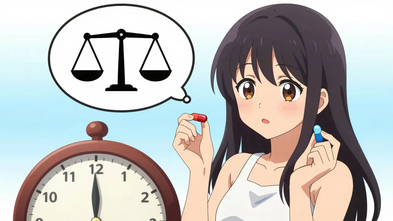 Anime-Figur vergleicht zwei verschiedene Tabletten vor einem hellen Hintergrund