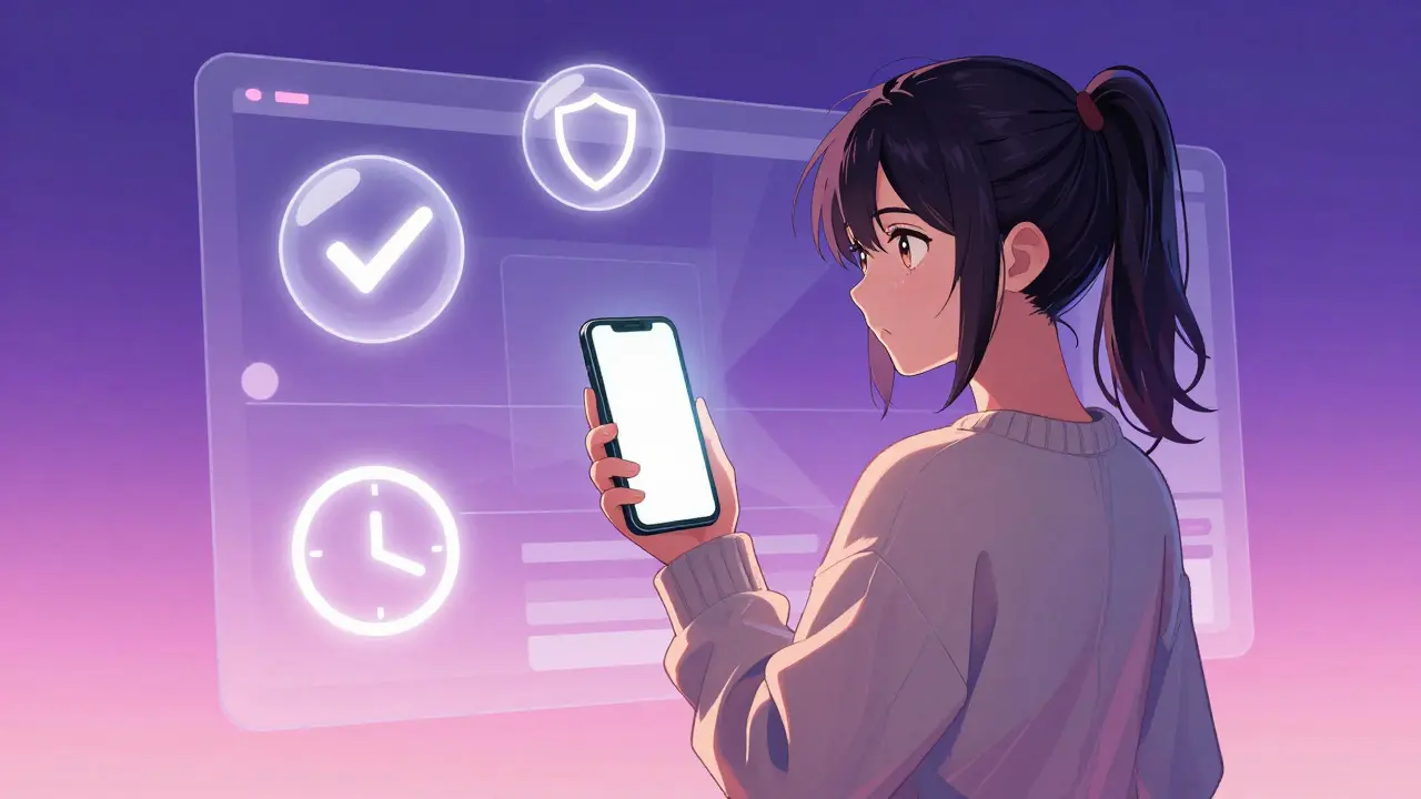 Anime-Frau mit Smartphone vor abstraktem Online-Apotheken-Hintergrund