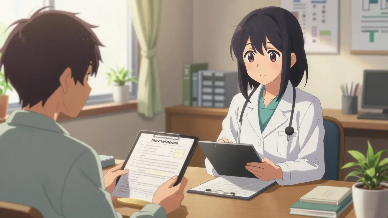 Anime-Patientin bespricht Allergien beruhigend mit Arzt im Büro
