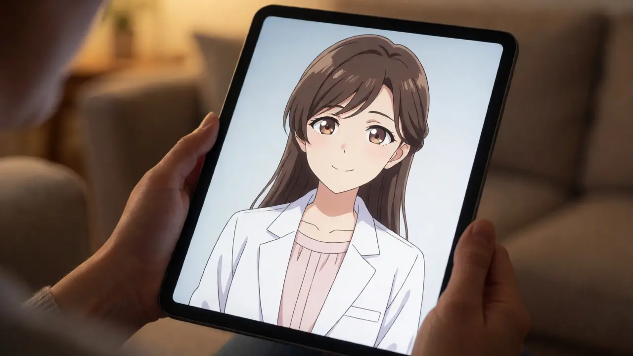 Anime-Stil Darstellung einer Telemedizin-Konsultation auf einem Tablet