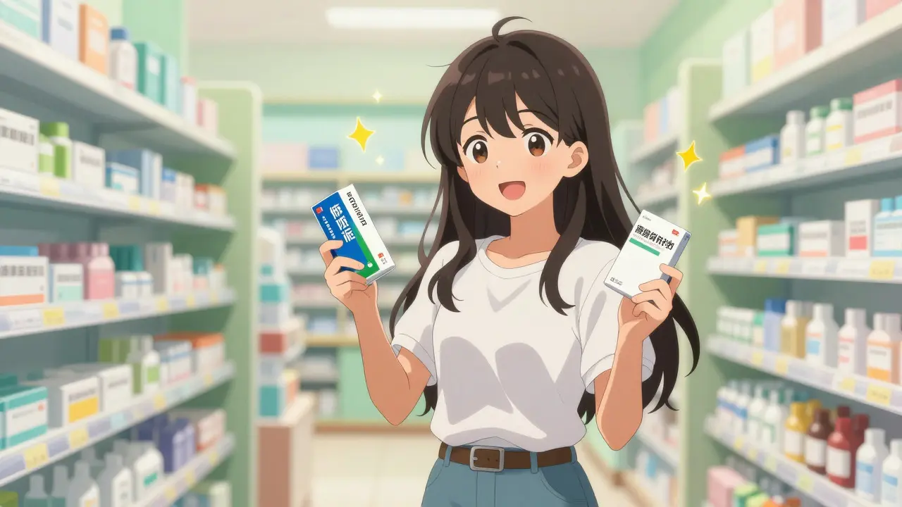 Anime-Stil: Frau vergleicht verschiedene Medikamentenverpackungen in einer Apotheke