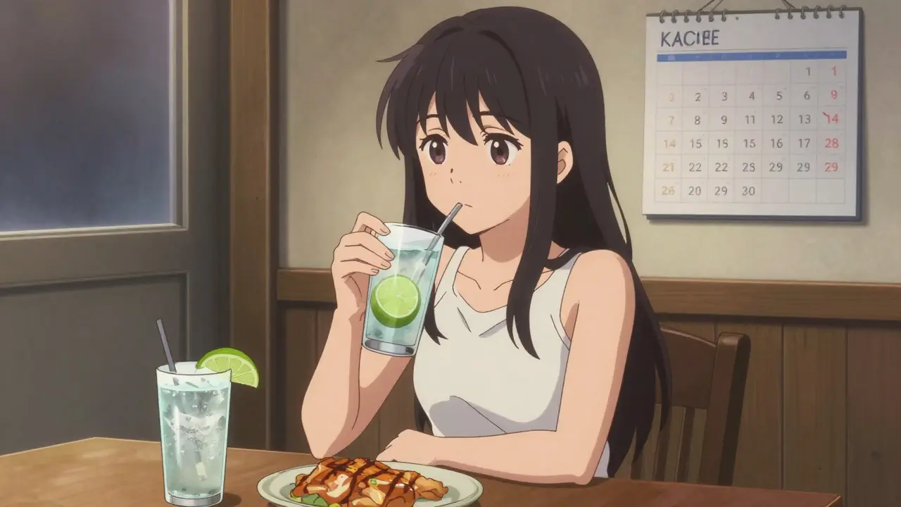 Anime-Szene: Frau genießt bewusst einen einfachen Drink mit Proteinbeilage