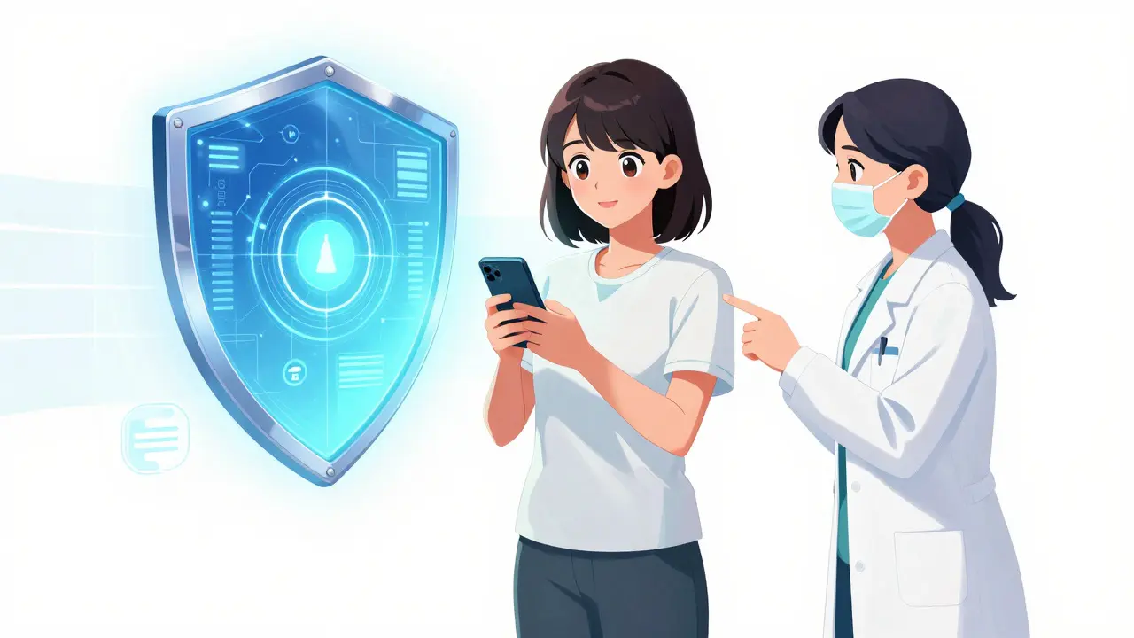 Patientin mit digitalem Sicherheitsassistenten im Anime-Stil