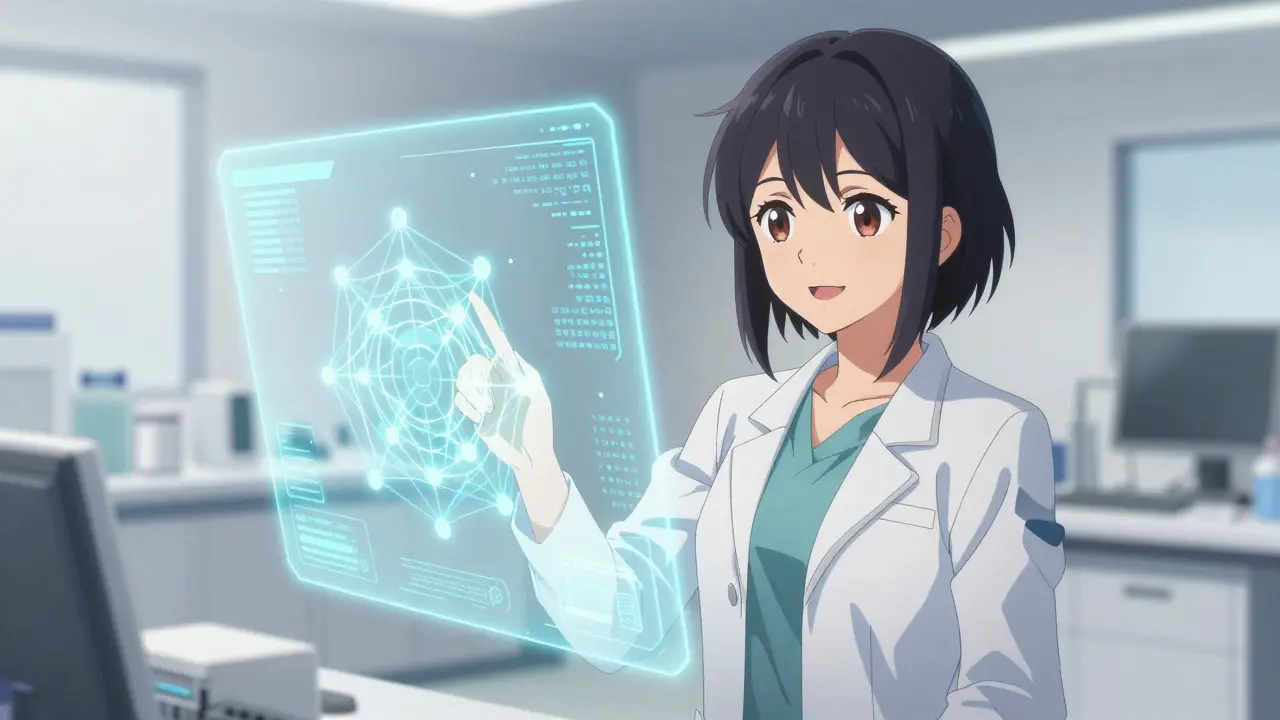 Zukunftsorientierte Apothekerin mit Hologramm