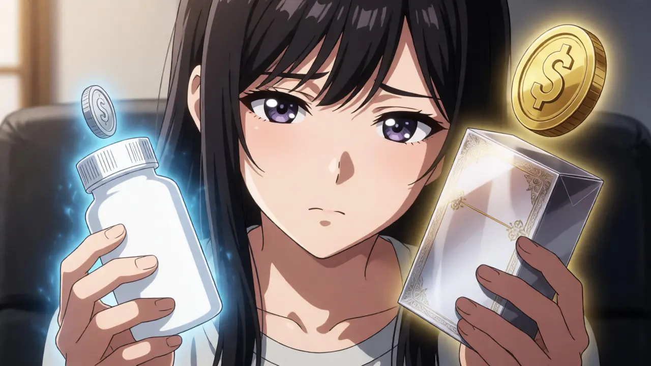 Anime-Nahaufnahme: Frau vergleicht günstiges Generikum mit teurem Markenmedikament.