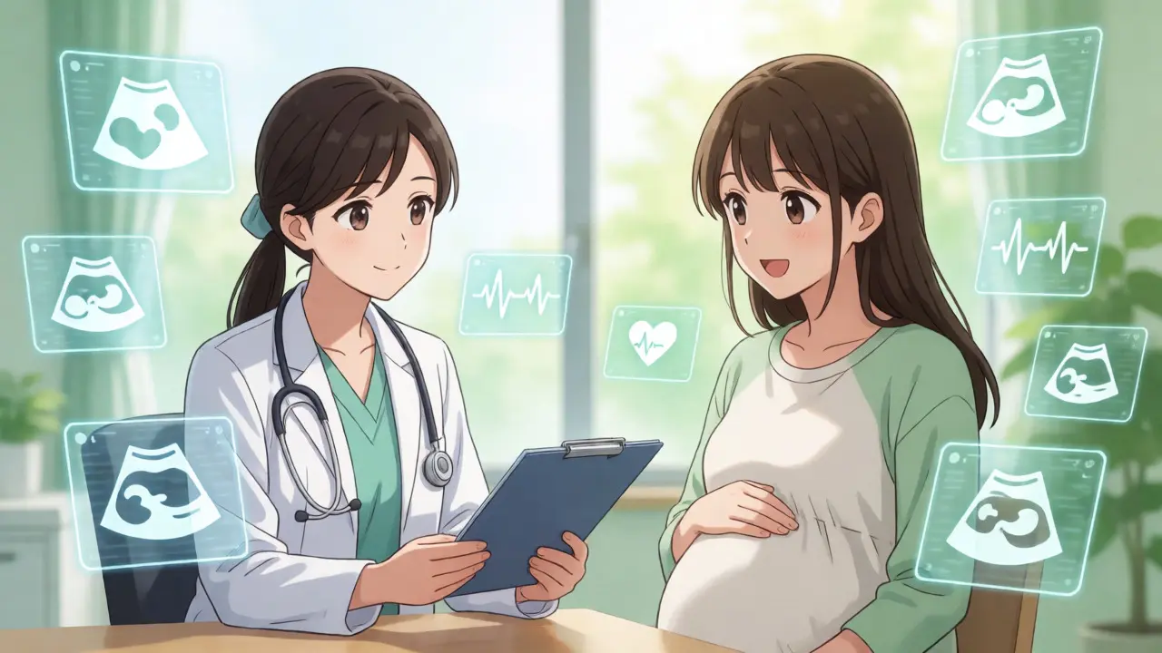 Ärztin berät schwangere Patientin über Ultraschall-Monitoring im Anime-Stil.